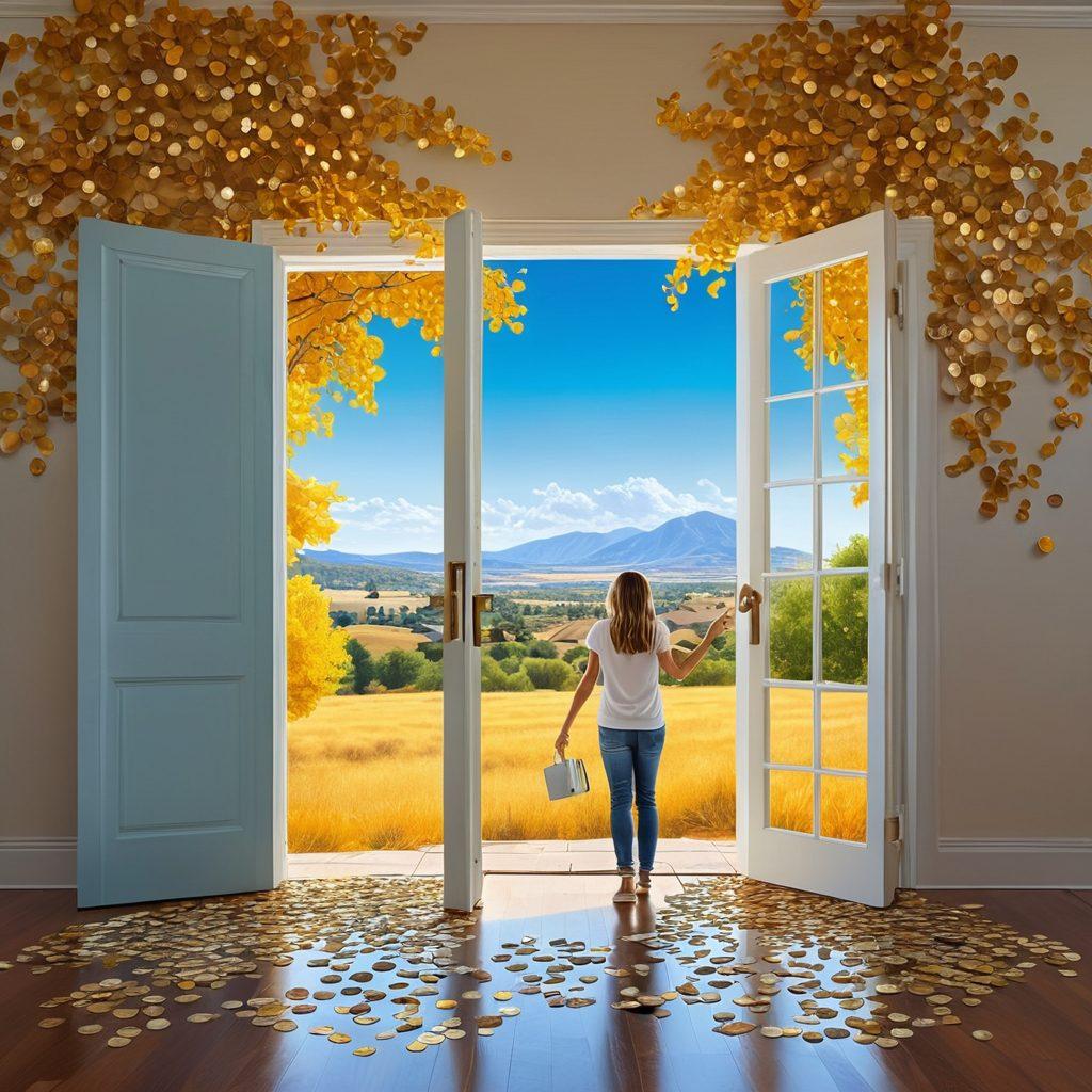 A person standing in front of an open door leading to a bright, golden landscape filled with coins and dollars, symbolizing financial freedom. Around them, joyful scenes of diverse families enjoying life: traveling, dining, and engaging in hobbies. Incorporate elements like a key or lock to represent unlocking financial potential. The sky is a vibrant blue, adding a sense of hope and opportunity. vivid colors. super-realistic.